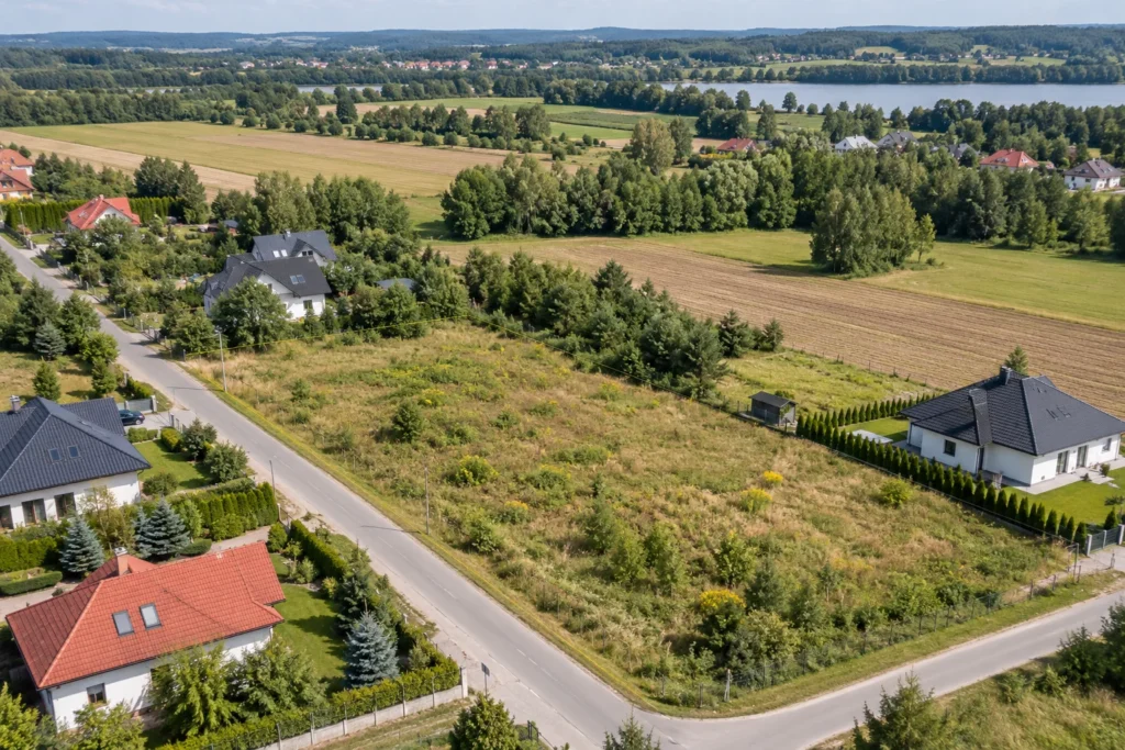Niezabudowany teren w otoczeniu drogi, domów, pól i drzew