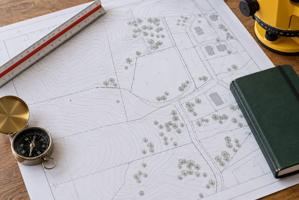 Mapa wysokościowa terenu, linijka i notatnik geodety