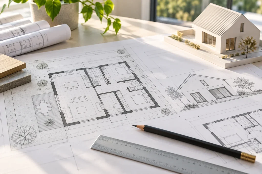 Model domu, rzuty kondygnacji i przybory projektowe na biurku architekta