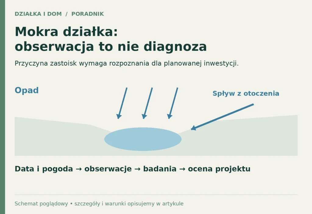 Schemat zastoisk na działce: opad i spływ z otoczenia wymagają obserwacji oraz rozpoznania gruntu.