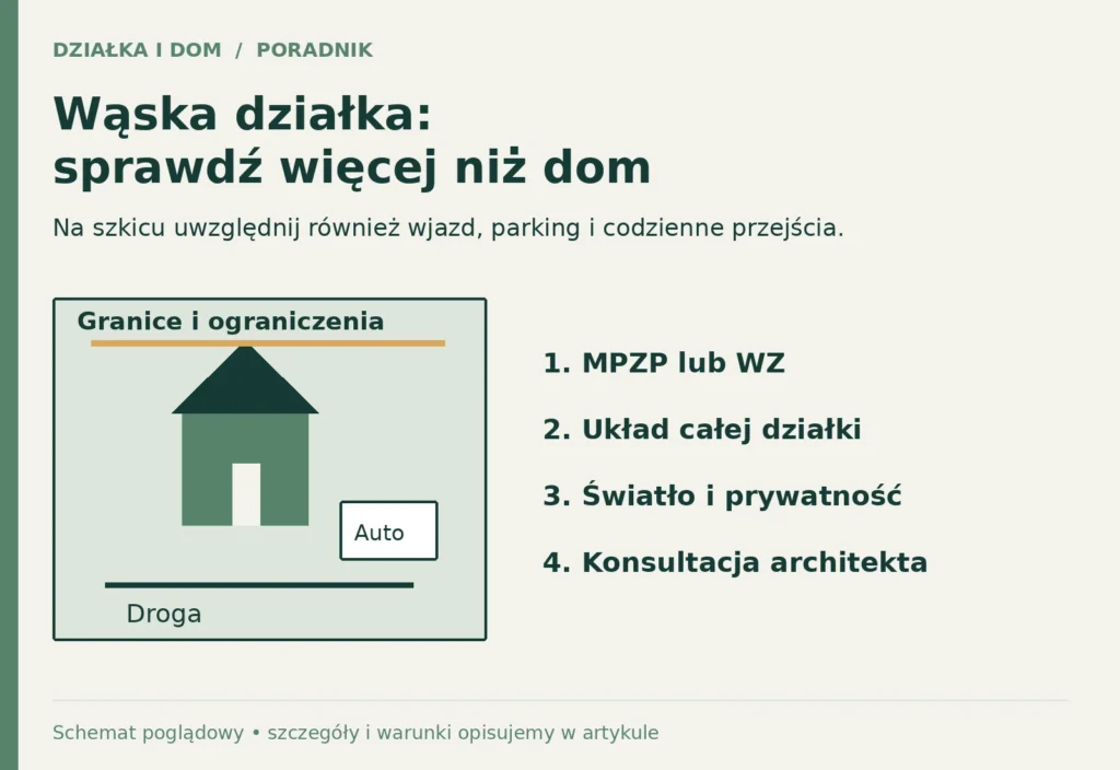 Poglądowy plan wąskiej działki obejmuje budynek, miejsce parkingowe, dojazd oraz ograniczenia do sprawdzenia z architektem.