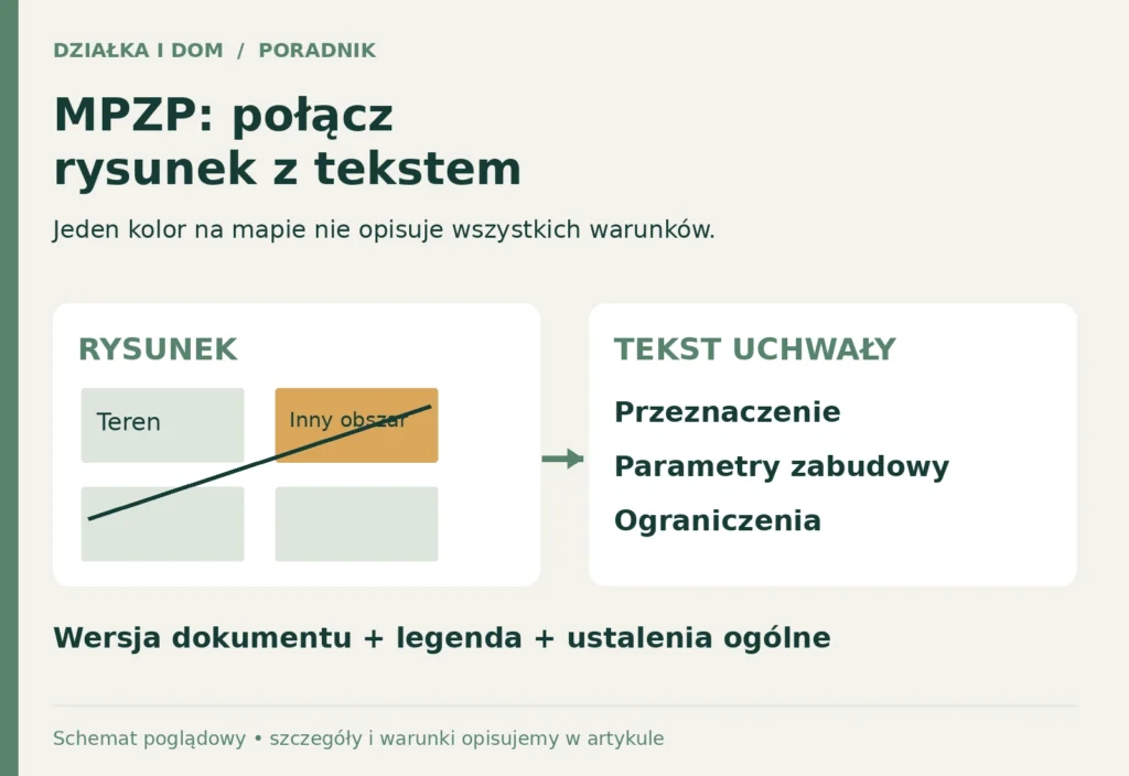 Schemat czytania MPZP: oznaczenia rysunku trzeba zestawić z przeznaczeniem, parametrami i ograniczeniami w uchwale.