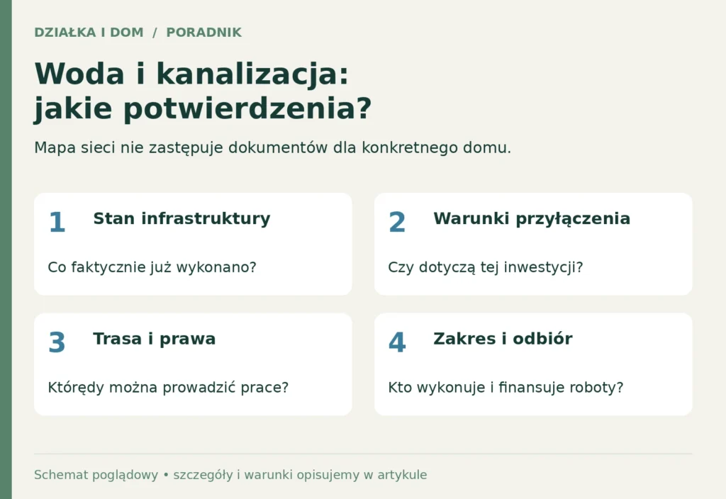 Lista czterech potwierdzeń dla wody i kanalizacji: stan sieci, warunki przyłączenia, trasa i prawa oraz zakres prac i odbiór.