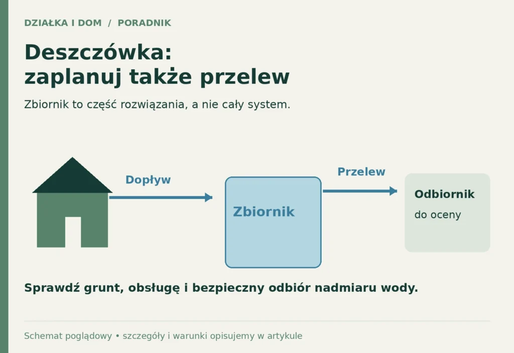 Schemat deszczówki prowadzi od dachu do zbiornika i dalej przez przelew do odbiornika wymagającego oceny.