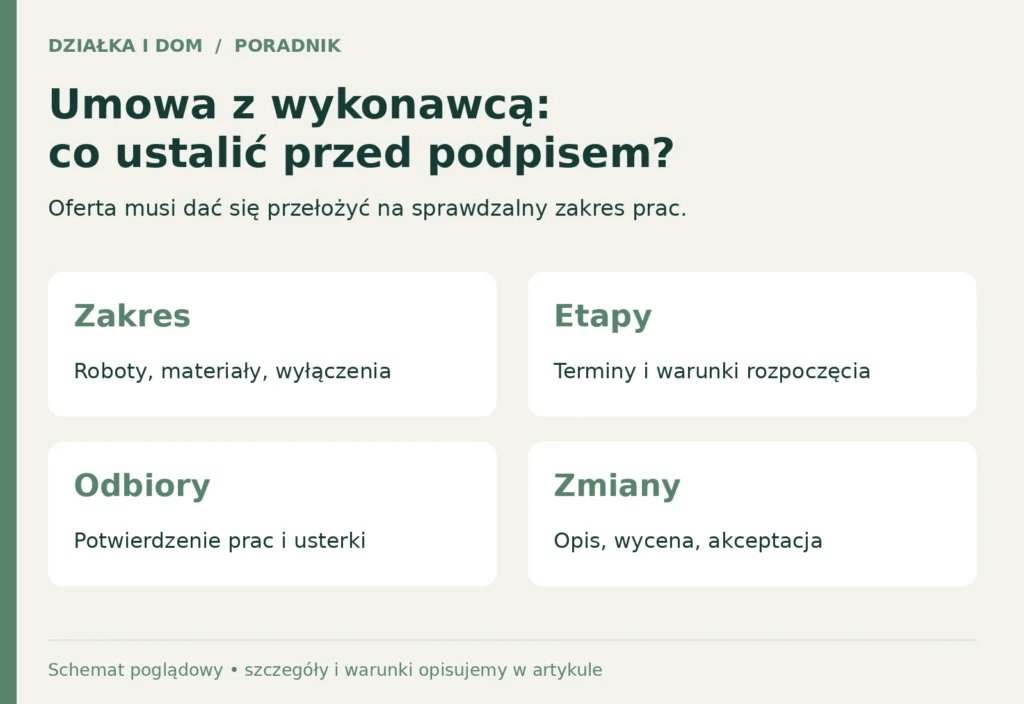 Cztery elementy umowy z wykonawcą: zakres robót, etapy, odbiory oraz procedura wyceny i akceptacji zmian.